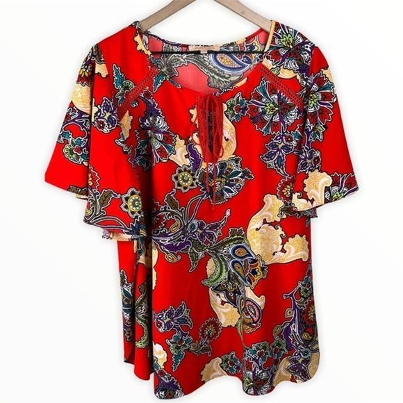 Gibson Latimer Womens Red Paisley Print Short Flutter Sleeve Blouse Plus Size 1X - Picture 1 of 6
